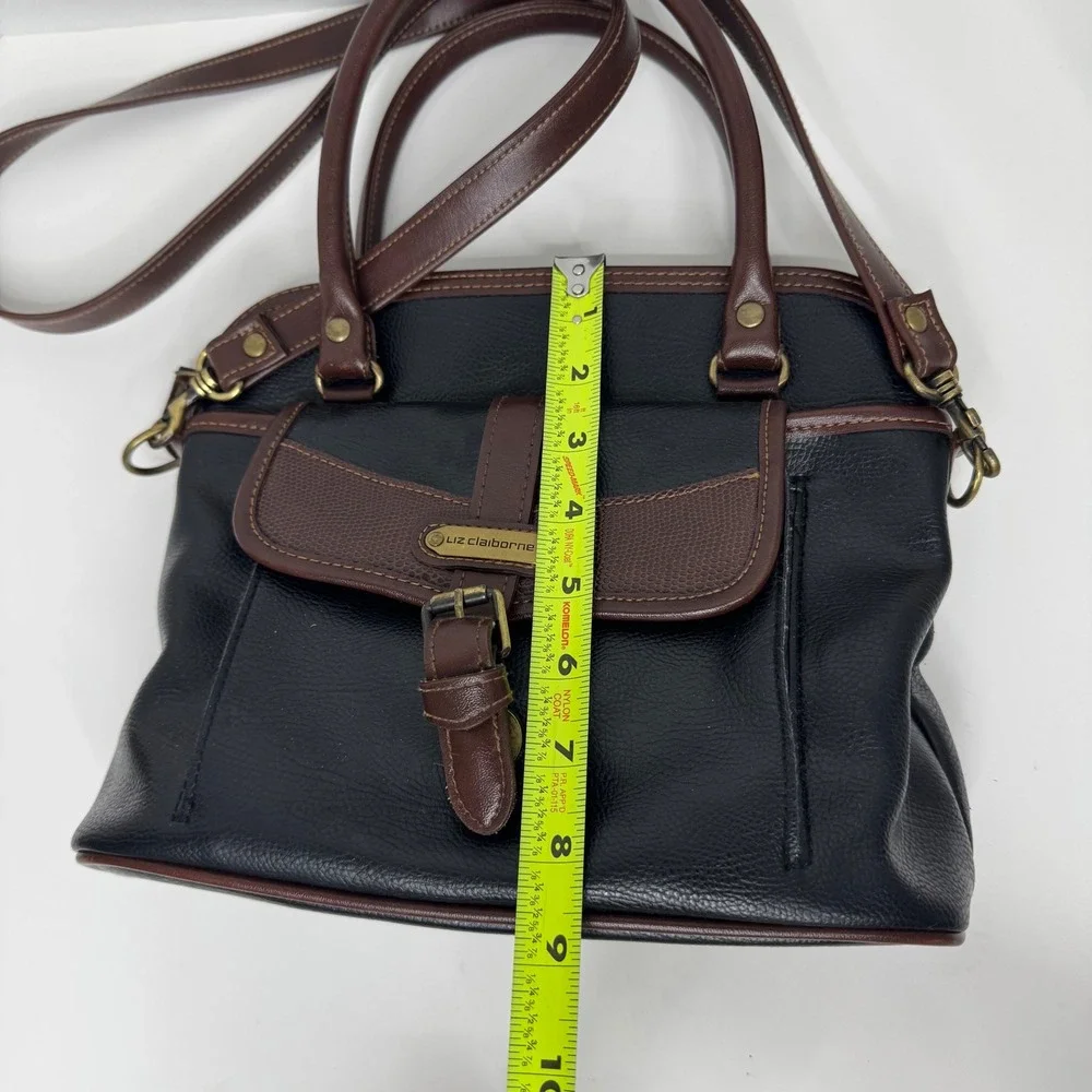 Liz Claiborne Black Brown Pebble Grain Satchel Crossbody Bag Brass Hardware